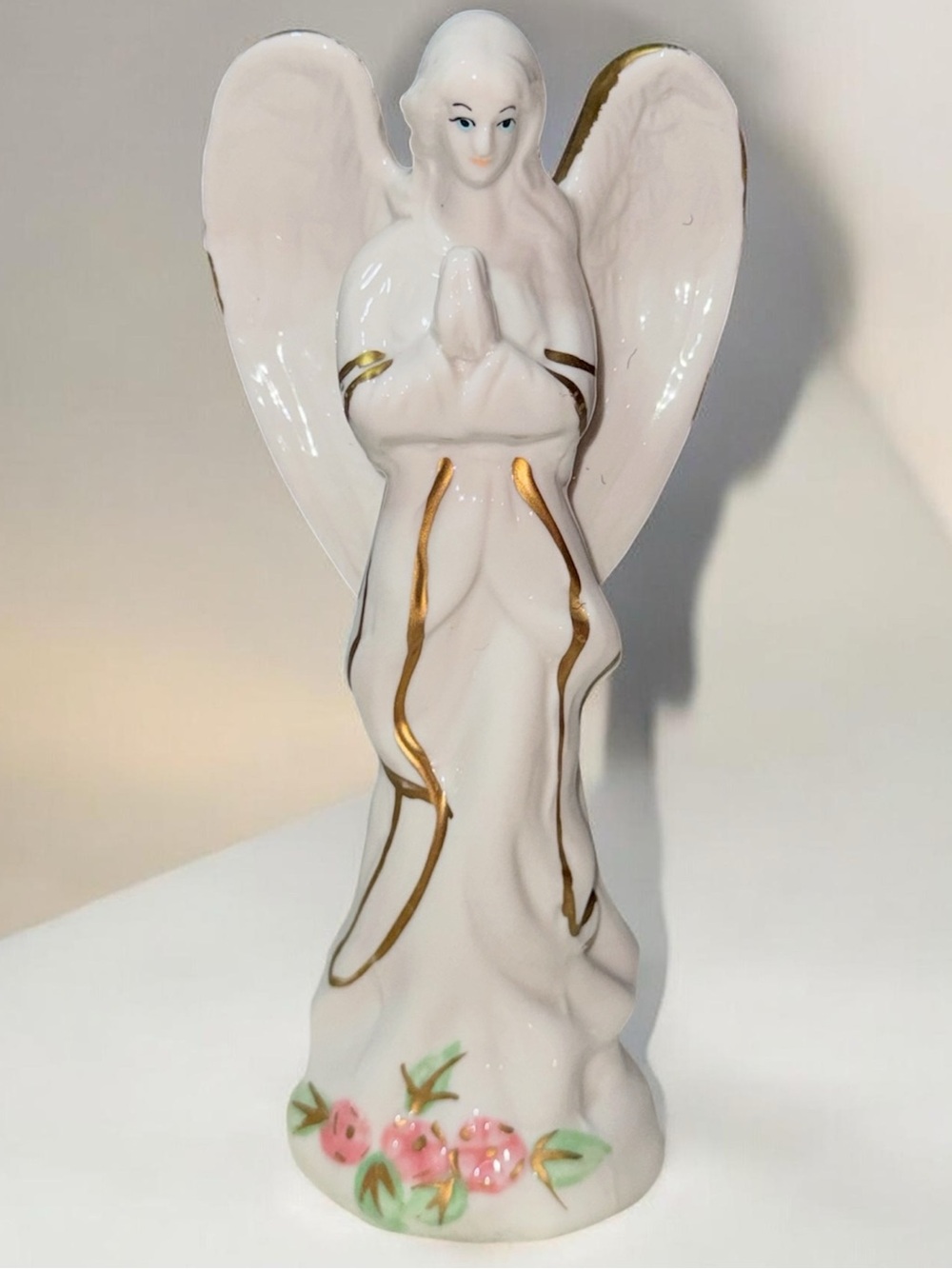 Vintage Porcelain Praying Angel White Figurine Wings with Golden Edges Roses